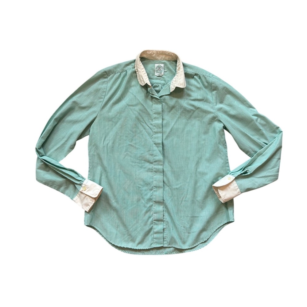 VTG Mint Sage Green cream Striped Collard button up longsleeve shirt blouse